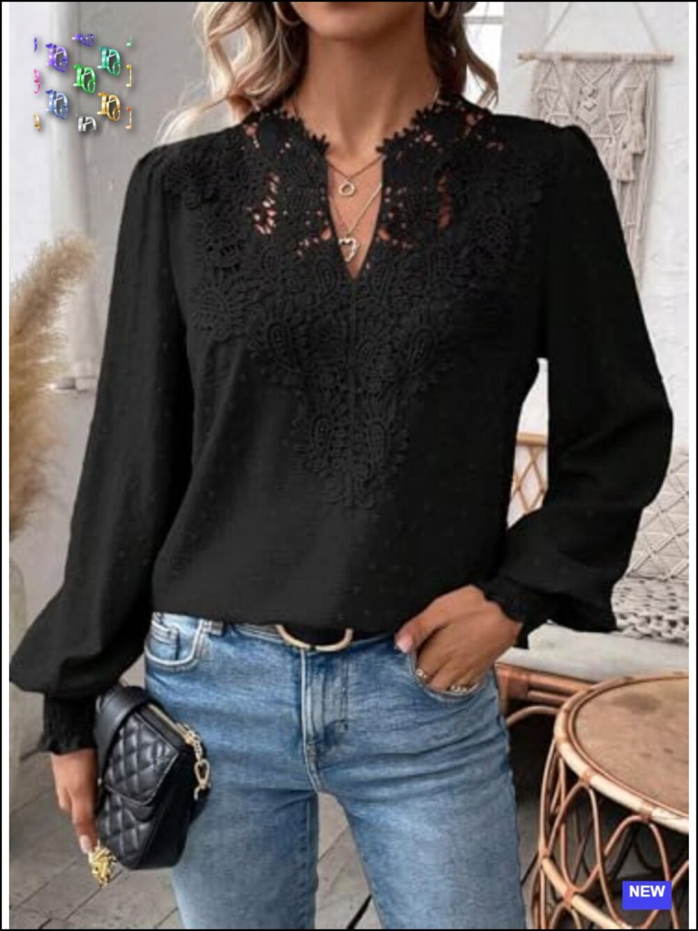Women's Long Sleeve Boho Floral V Neck Blouse - Crochet Hollow Ruffled Cuffs - Picture 4 of 6